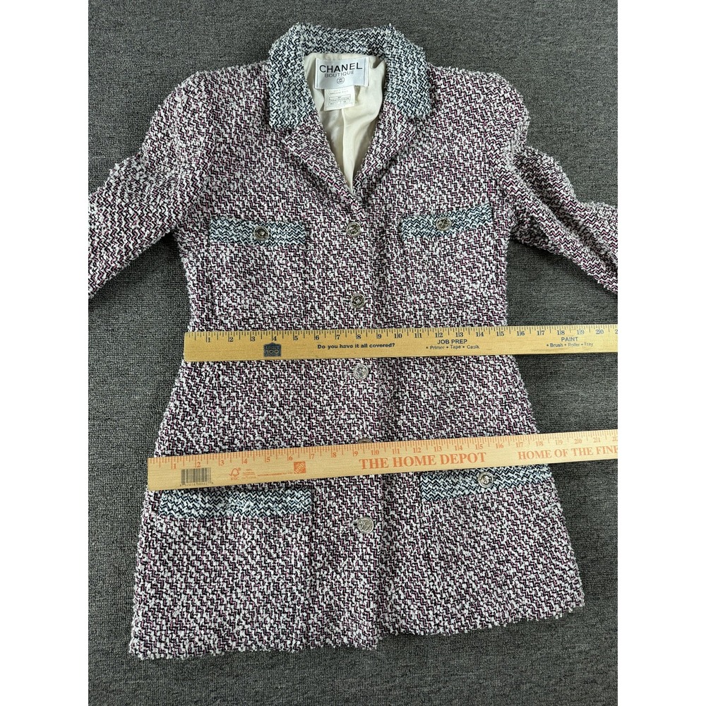 Vintage Chanel Coat Womens 38 Tweed Chain Hem Logo Buttons France 90s Authentic - Picture 15 of 16
